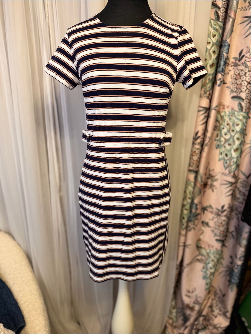 Banana Republic Striped Sheath Dress Size 4 Navy Cream Peach Belt Detail GUC